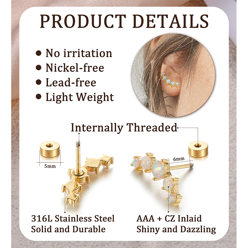G23 Titanium Cartilage Earrings for Women 16G Pure Titanium Flat Back Stud for Sensitive Ear 14K Gold Cartilage CZ Stud Earrings Internally Threaded C
