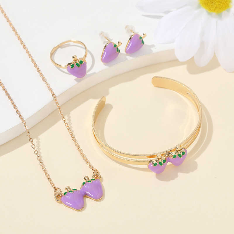 Korean version new jewelry versatile alloy strawberry ring bracelet necklace 4-piece set in multiple colors W250312