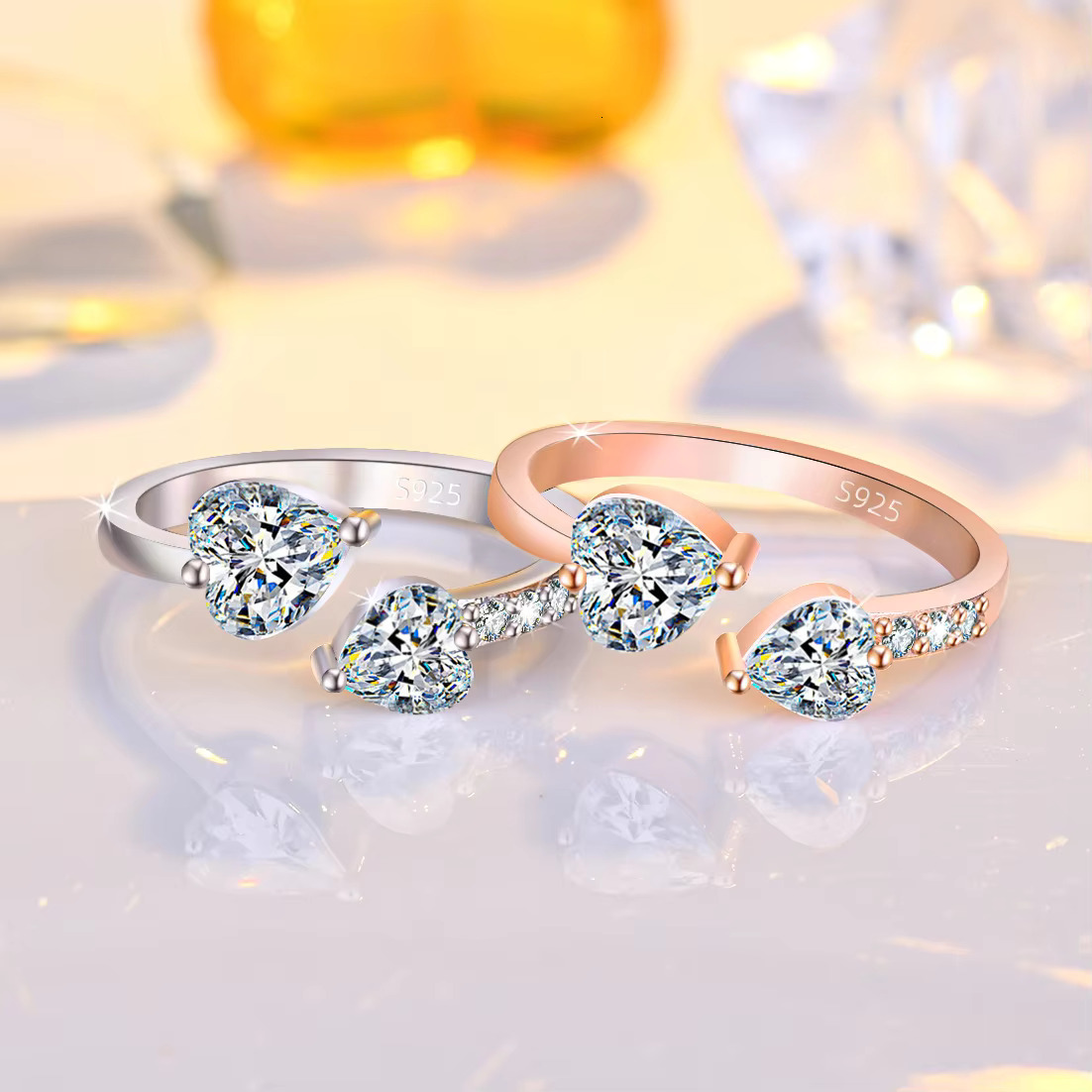 Women Mirco Pave Moissanite Diamond Ring Adjustable Silver Gold Plated Double Heart Cubic Zirconia Wedding Engagement Ring