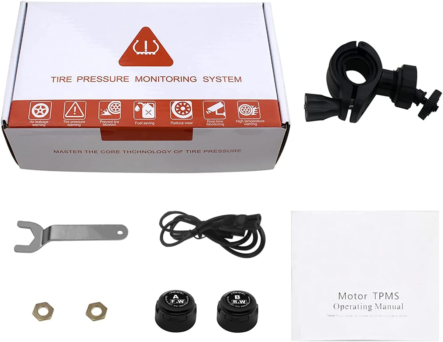 Motorcycle TPMS wireless tire pressure monitoring system, IP67 waterproof and dustproof wireless belt with 2 external sensors and digital LCD display 