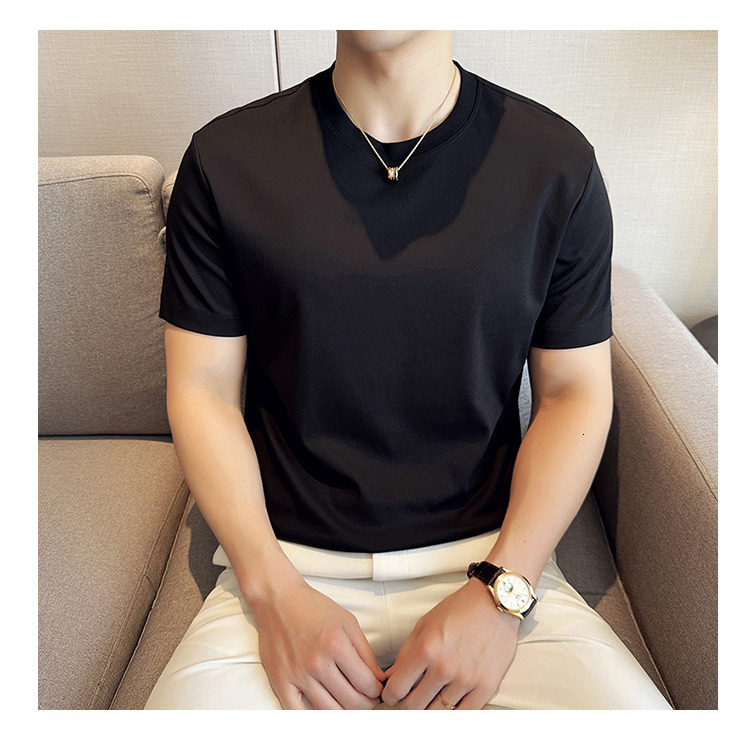 Liquid ammonia short sleeved round neck T-shirt for men, breathable and cool, cotton solid color men's style, summer stretch antibacterial tracks