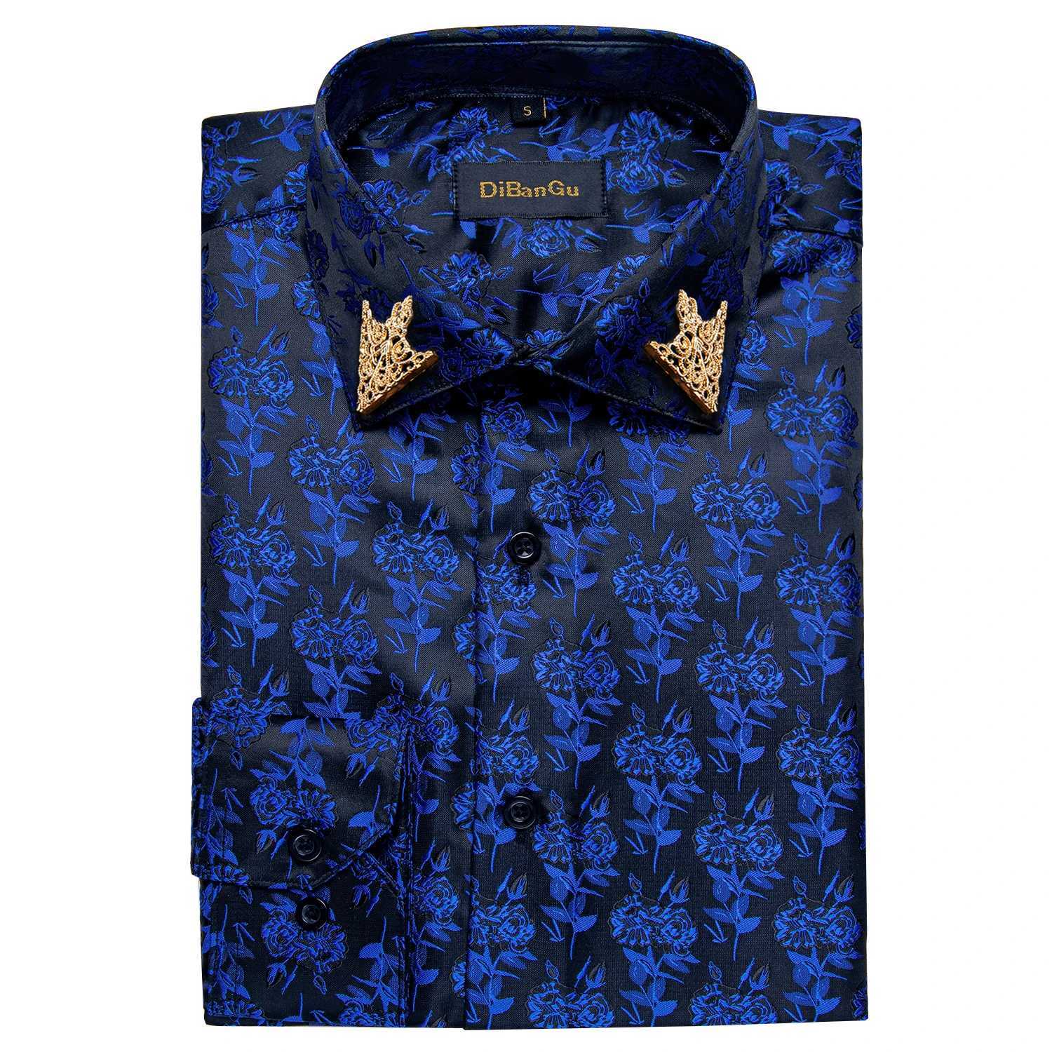2023 Mens Silk Shirts Long Sleeve Blue Black Formal Dress Social Turn-Down Shirt With Golden Collar Pin Male Blouse Casual Tops W250312