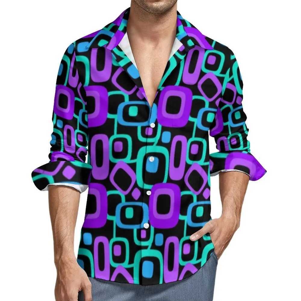 Retro 70S Style Casual Shirts Mens Vintage Blue Pattern Shirt Long Sleeve Vintage Stylish Blouses Spring Custom Top Plus Size W250312