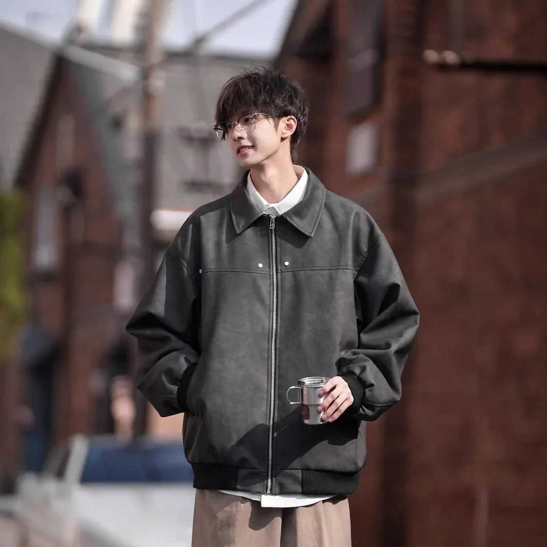 Maillard Brown Leather Jacket For Men Trendy Vintage American Style Loose Fit Fashion Coat Spring Autumn Winter SeasonT250311