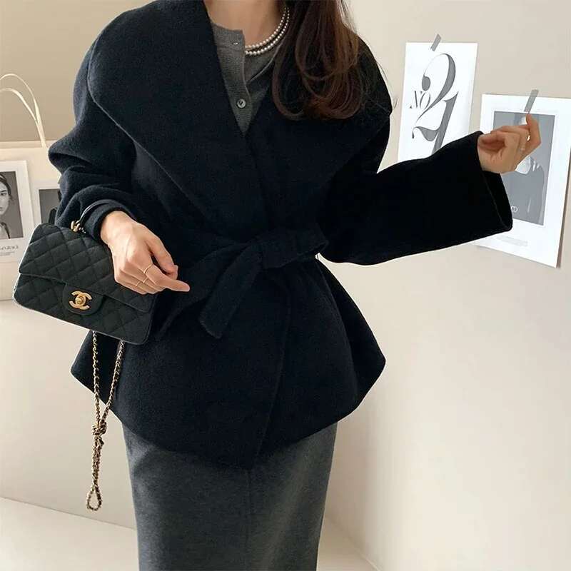 MEXZT Elegant Wool Blends Coats Women Black Bandage Woolen Jackets Winter Ladies Commute Outerwear Korean Fashion Overcoat New