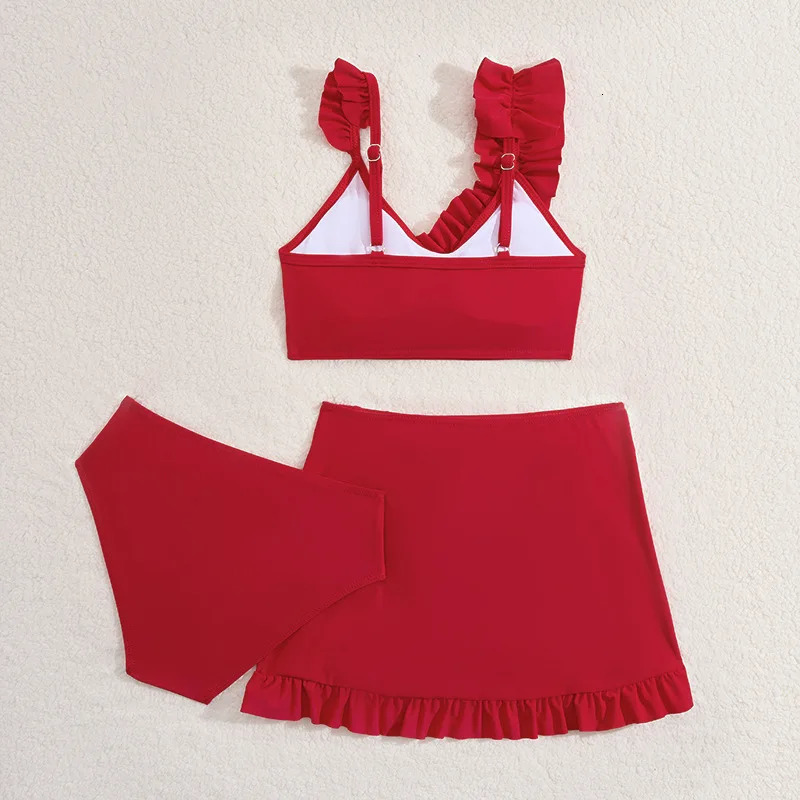 3 Pieces Ruffle Bikini 2025 Girls Swimsuit High Waist Kids Swimwear Female Beach Skirt Red Children Swimming Bathing Swim Suit 250311