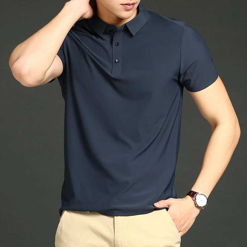 Golf solid ice silk trackless silk loose polo shirt short sleeved T-shirt mens elastic iron free thin polo neck light luxury W250312