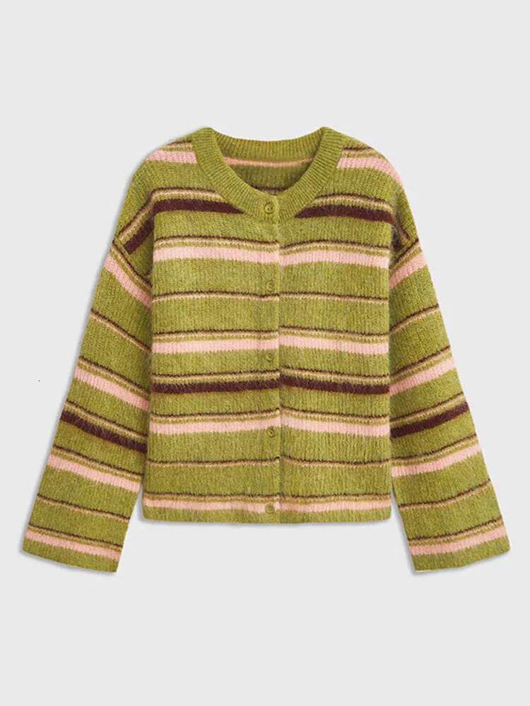Stripe V Neck Women Sweater Single Breasted Loose Knitted Lady Cardigan 2024 Autumn Elegant Full Sleeve Female Coat