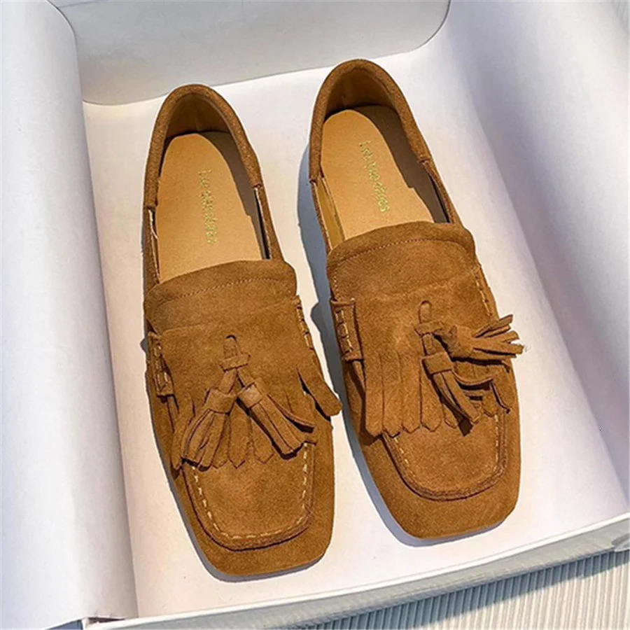 Fringed Women Ballet Flats Square Toe Walking Driving Shoes Ladies Comfortable Vacation Loafers Tassels Flat Espadrilles 250311