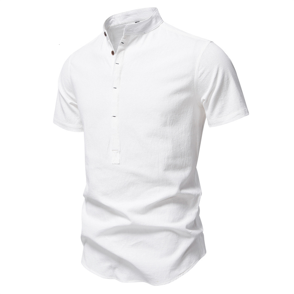 2025 summer new business casual men's short sleeved linen stand collar cotton t shirt tracksuit