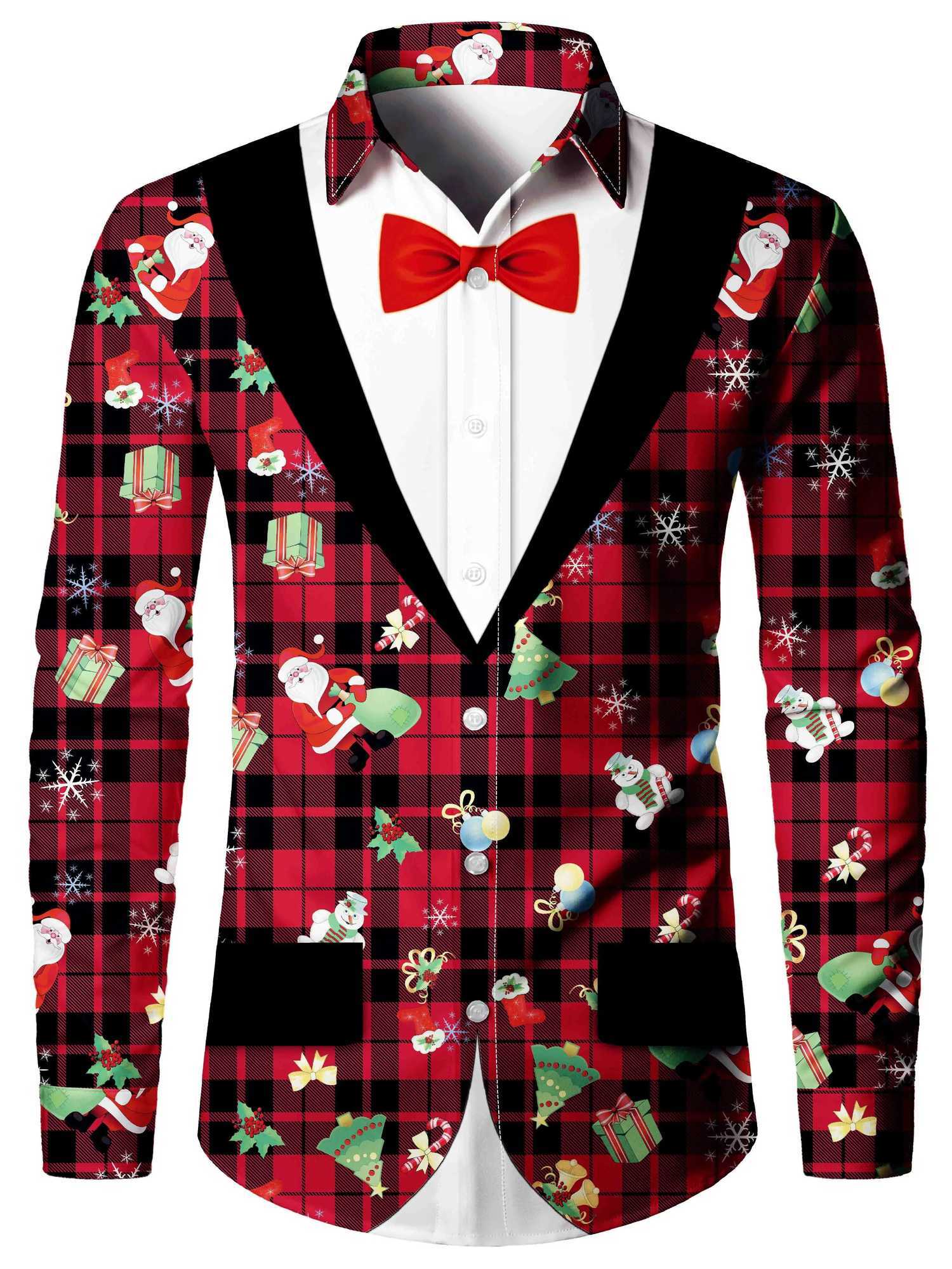 Christmas themed mens fake suit tail suit printed formal shirt Christmas graphic long sleeved fashionable mens shirt W250312