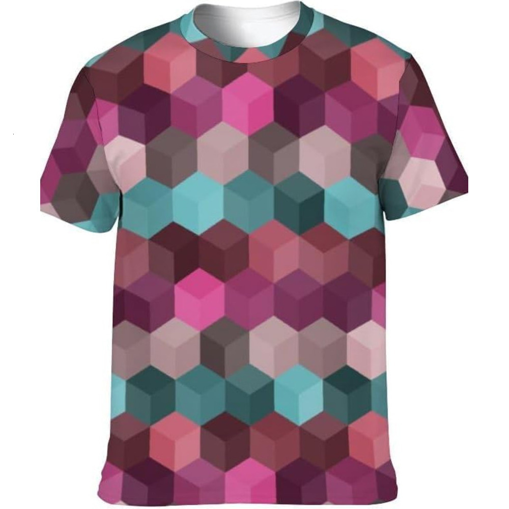 Mens T shirt 3D Geometric T-Shirt, Pink and Teal Hexagon Pattern, Graphic Print, Short Sleeve tee Casual tops summer clothes