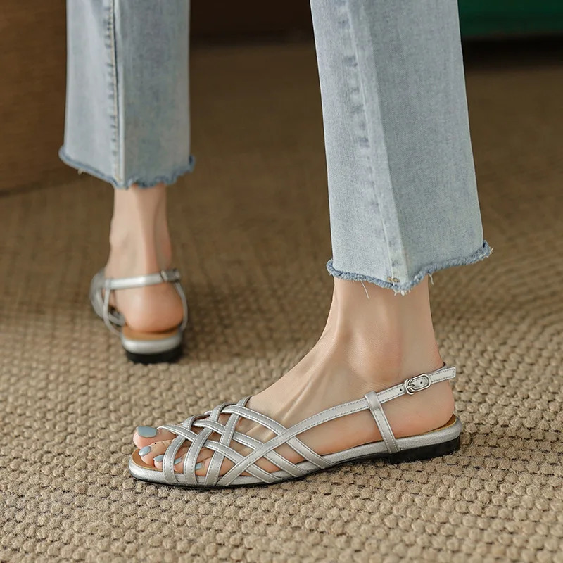 Womens Shoes Summer Leather Roman Woven Sandals Womens Flat Bottom Soft Bottom Casual Retro Low Heel Hollow Fish Mouth Shoes 250305