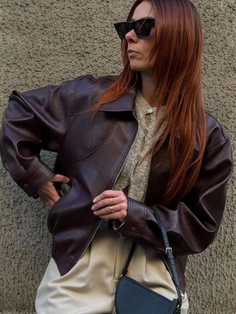 Breasted Pocket PU Jacket Lapel Maillard Women Motorcycle Leather Coat Vintage Spring Autumn Commute Short Overcoat Top