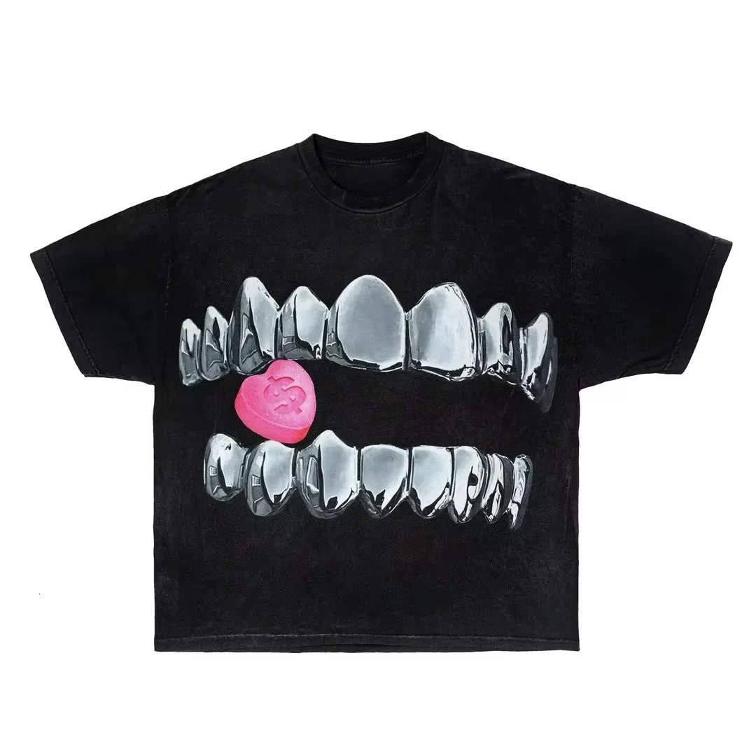 Streetwear punk oversized casual teeth pattern mens Gothic Tshirt Y2K Harajuku hiphop cotton short sleeved top unisex 250312
