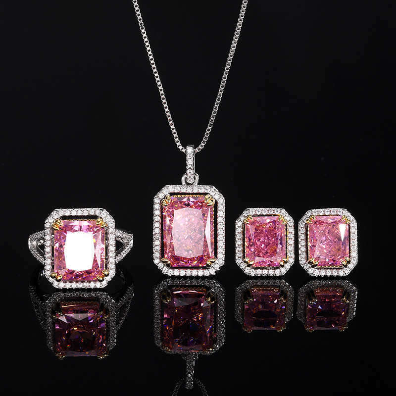 2024 New Zhuangsheng High Carbon Diamond Ice Flower Cutting Deep Pink Diamond Copper Inlaid Fashion Set 10 * 14-10 * 12 W250312