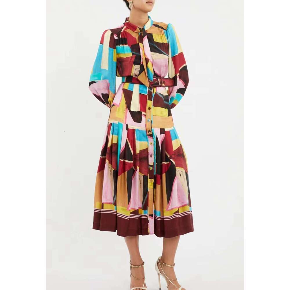 2023 Australian Autumn And Winter New Bow Tie With Belt, Waist Cinching Geometric Print Dress, Long Skirt