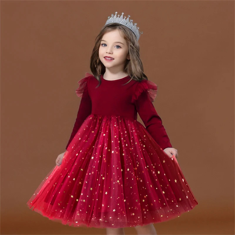 Red Christmas Dress for Baby Girls Winter Long Sleeve Mesh Dresses for 3-8Yrs Kid Star Sequin Birthday Party Princess Dress 250311