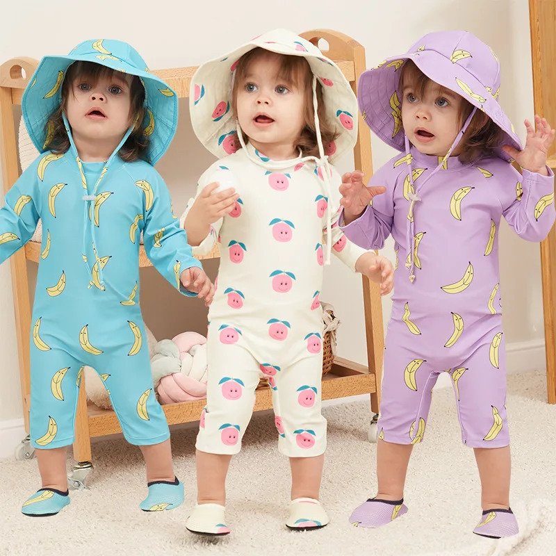 Baby Girls Swimsuit Long Sleeves One Piece Swimwear for Kids Toddler Cartoon UPF50 Rash Guards Infant Bathing Suit Korea Sets 250311