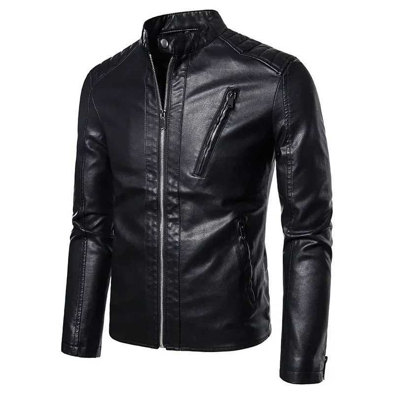Spring Autumn Trend White Windproof Coat Solid Mens Motorcycle Leather Jacket Stand Collar Jackets Fashion Casual StreetwearT250311