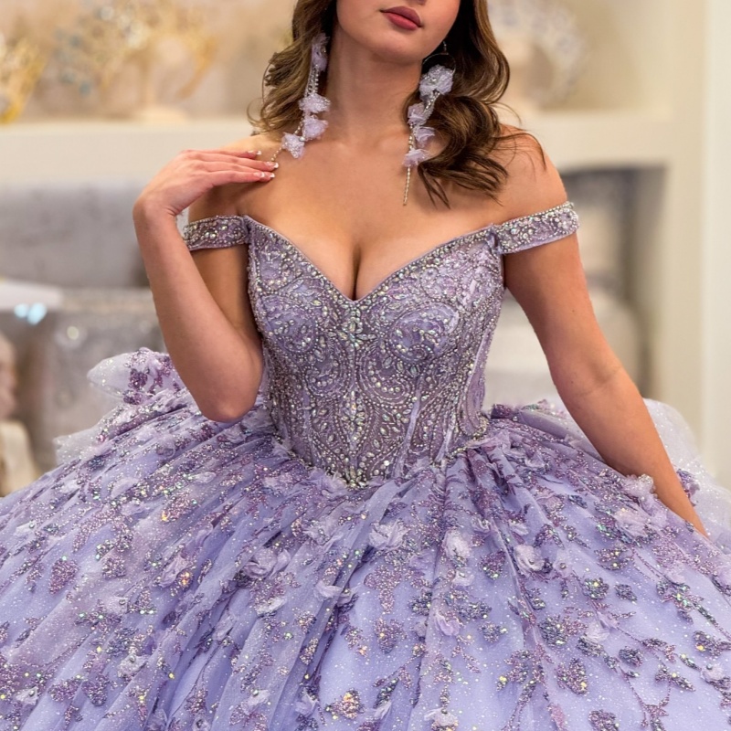 Lavender Shiny Quinceanera Dresses Ball Gown Off The Shoulder Sequin Applique Flower Beading Tull Party Birthday Sweet 16 Dress Vestidos15 Anos