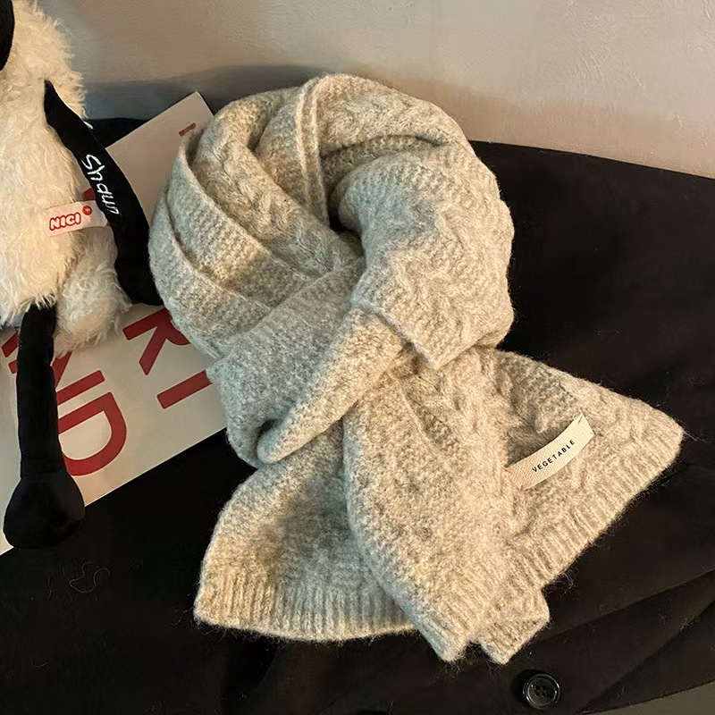 K110 Korean style white twisted knitted wool scarf for women 2024 autumn and winter couple warm versatile scarf