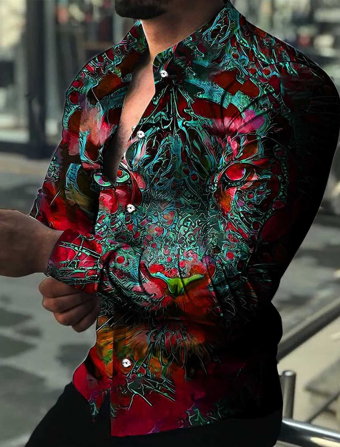 Mens Shirt Pattern Shirt Animal Tiger Collar 3D Printed Outdoor Casual Long Sleeve 3D Printed Button Clothing W250312