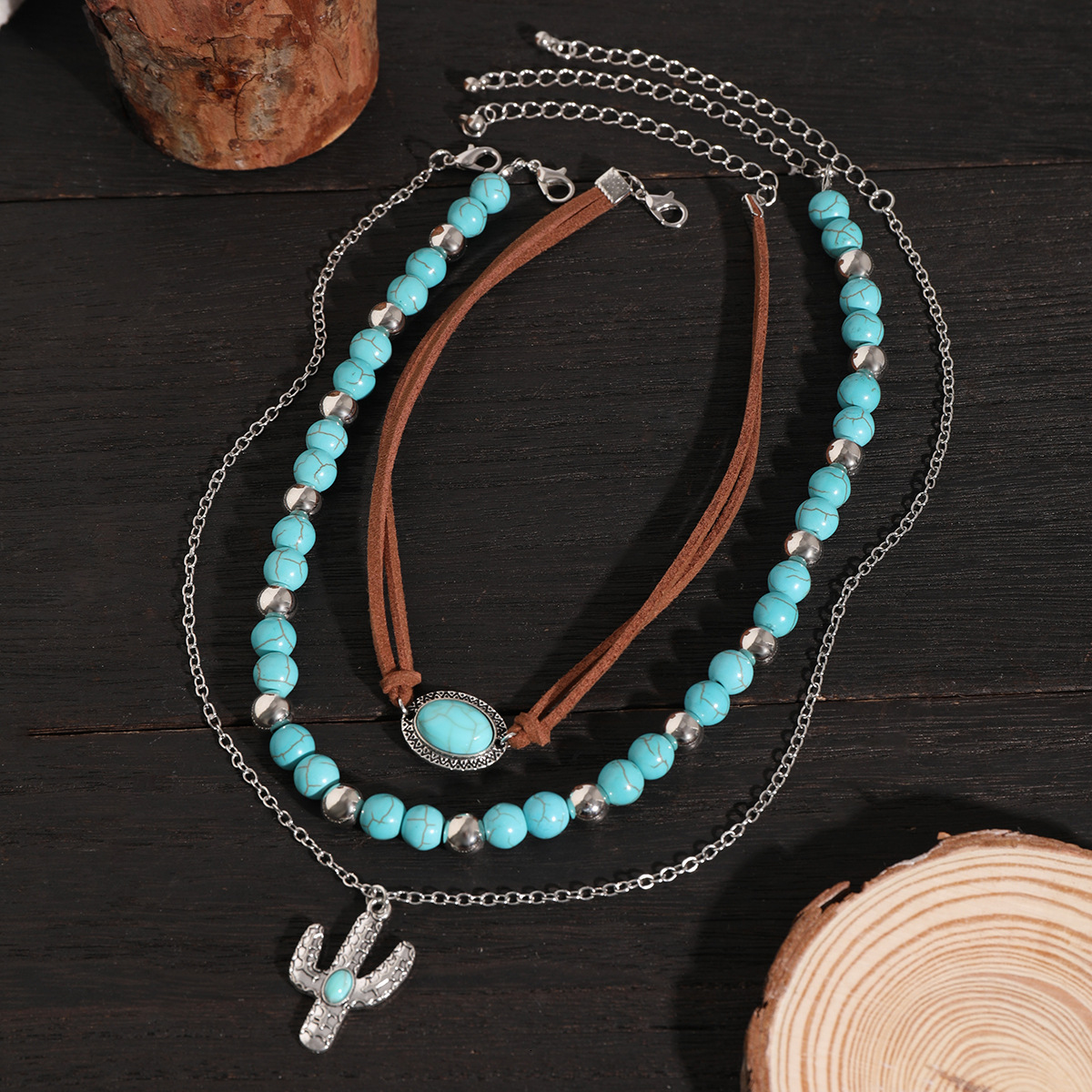 Vintage Imitation Turquoise Collarbone Chain Small Beaded Necklace Set Ethnic Wind Cactus Jewelry for Women