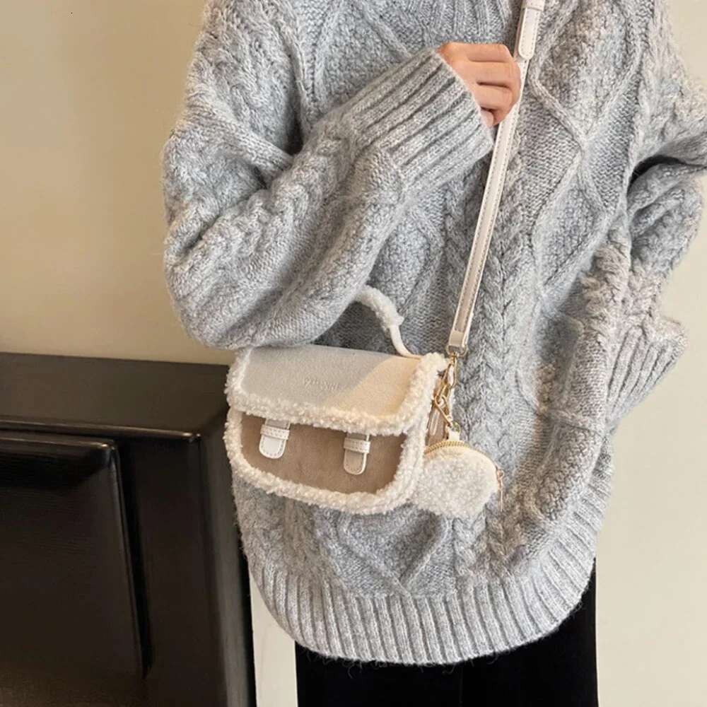 2024 Winter New Women's Plush Small Square Color Contrast Design Single Shoulder Crossbody Bag Brown Handbag Bolsas De Mujer