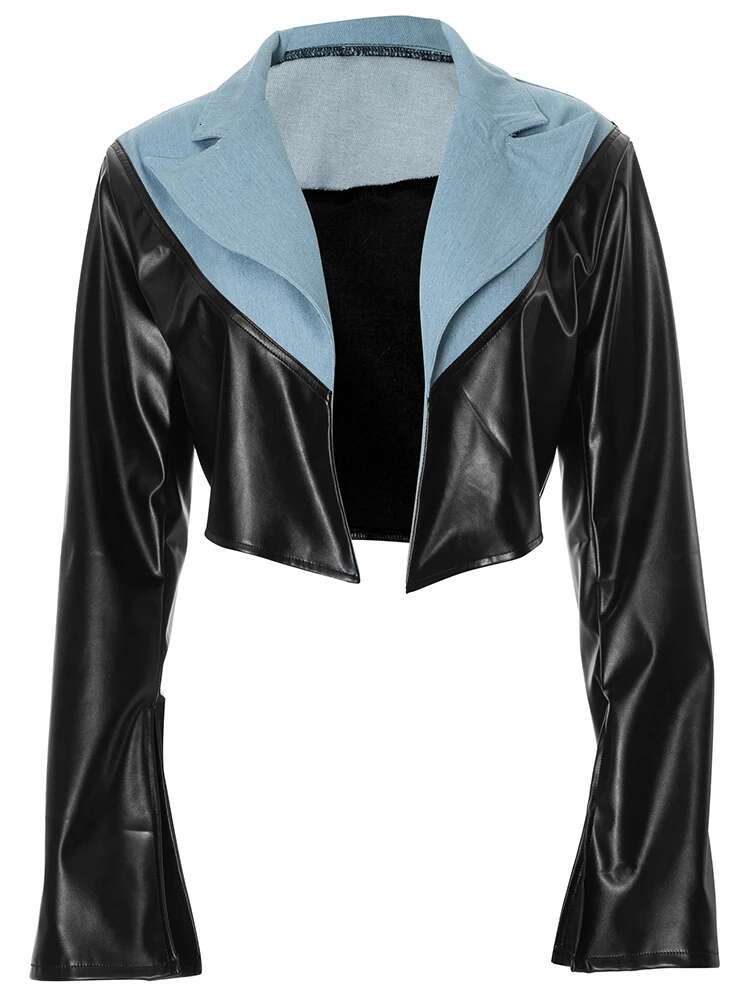Weird Puss Leather Patchwork Denim Crop Jacket Women Fall Contrast Cardigan Turn-Down Collar Long Sleeve Trend High Street Coats