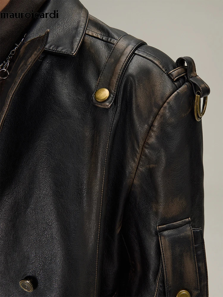 Mauroicardi SpringSummer AutumnWinter Long Distressed Black Pu Leather Trench Coat Mens Belt Double Chest y European Fashion 250312