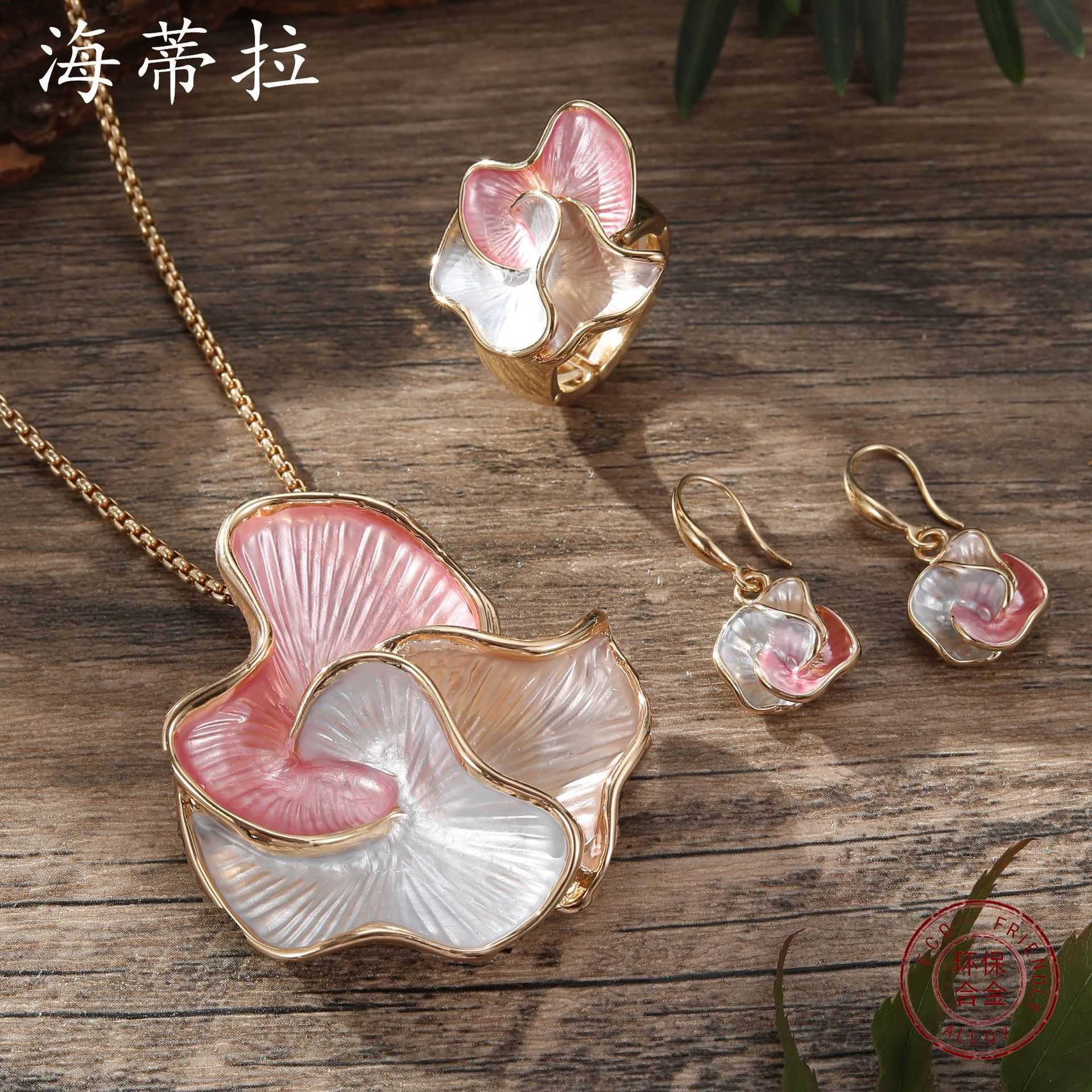 New Colored Oil Geometric Petal Earnail Ring Pendant Set for Womens Luxury Jewelry Set W250312