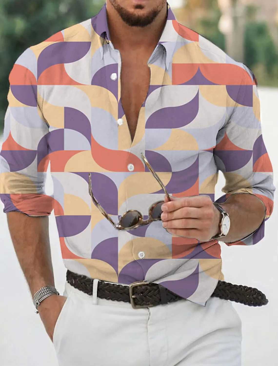 Mens shirt graphic printing geometric revolving door street long sleeved printing button clothing tropical fashion designer W250312