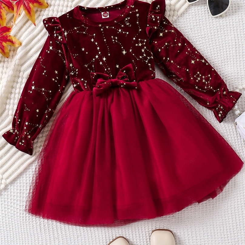 Toddler Girl Party Dress Autumn Winter 1-8 Years Children Christmas And Year Princess Dress Red Velvet Gown Stars Mesh Dress 250311