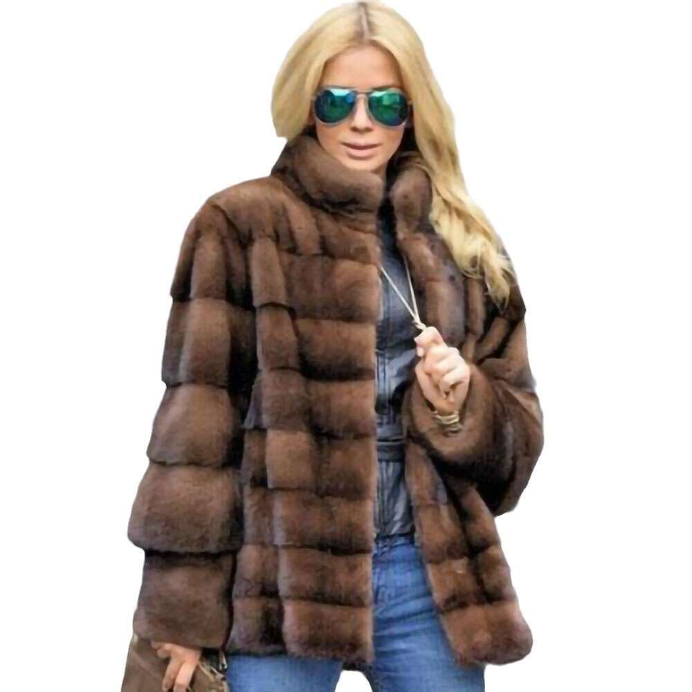 Mink Haining Medium Length Patchwork Brown Fur Jacket Women's Clothing