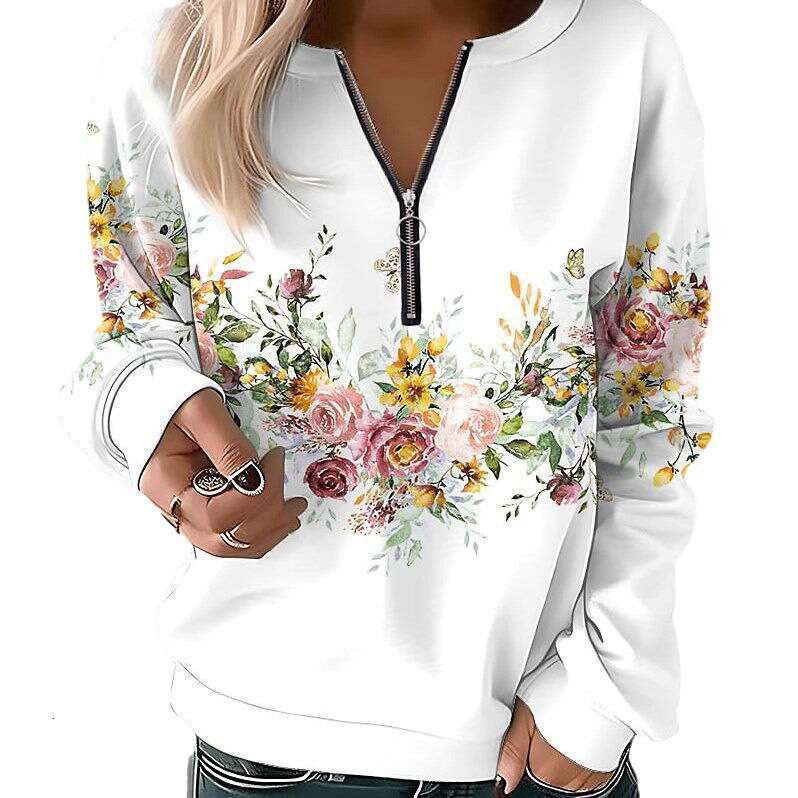 European American women's hot item printed V-neck long sleeved pullover loose hoodie new style chic and elegant clothing