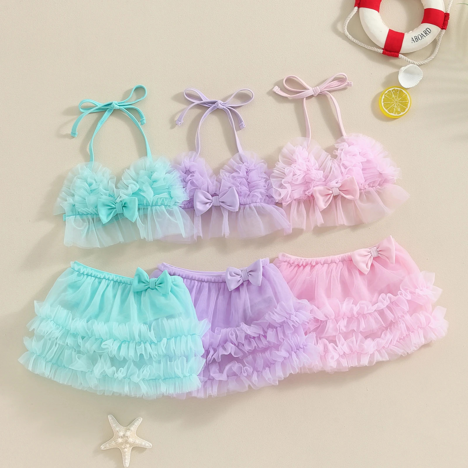 Princess Mesh Bowknot Baby Girls Bikini Set Beachwear For Kids Swimwear Summer Swimsuits Tulle Camisole PP Shorts Bathing Suits 250311