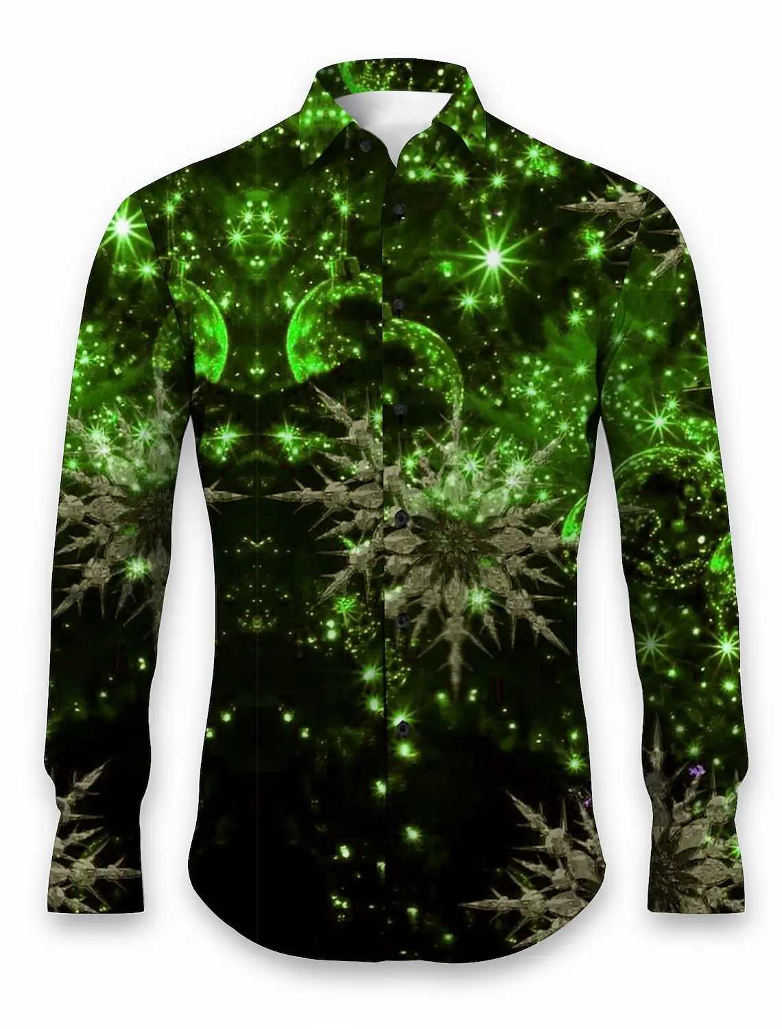 2024 Christmas themed mens 3D printed formal shirt with gold snowflake graphic long sleeved fashionable mens shirt W250312