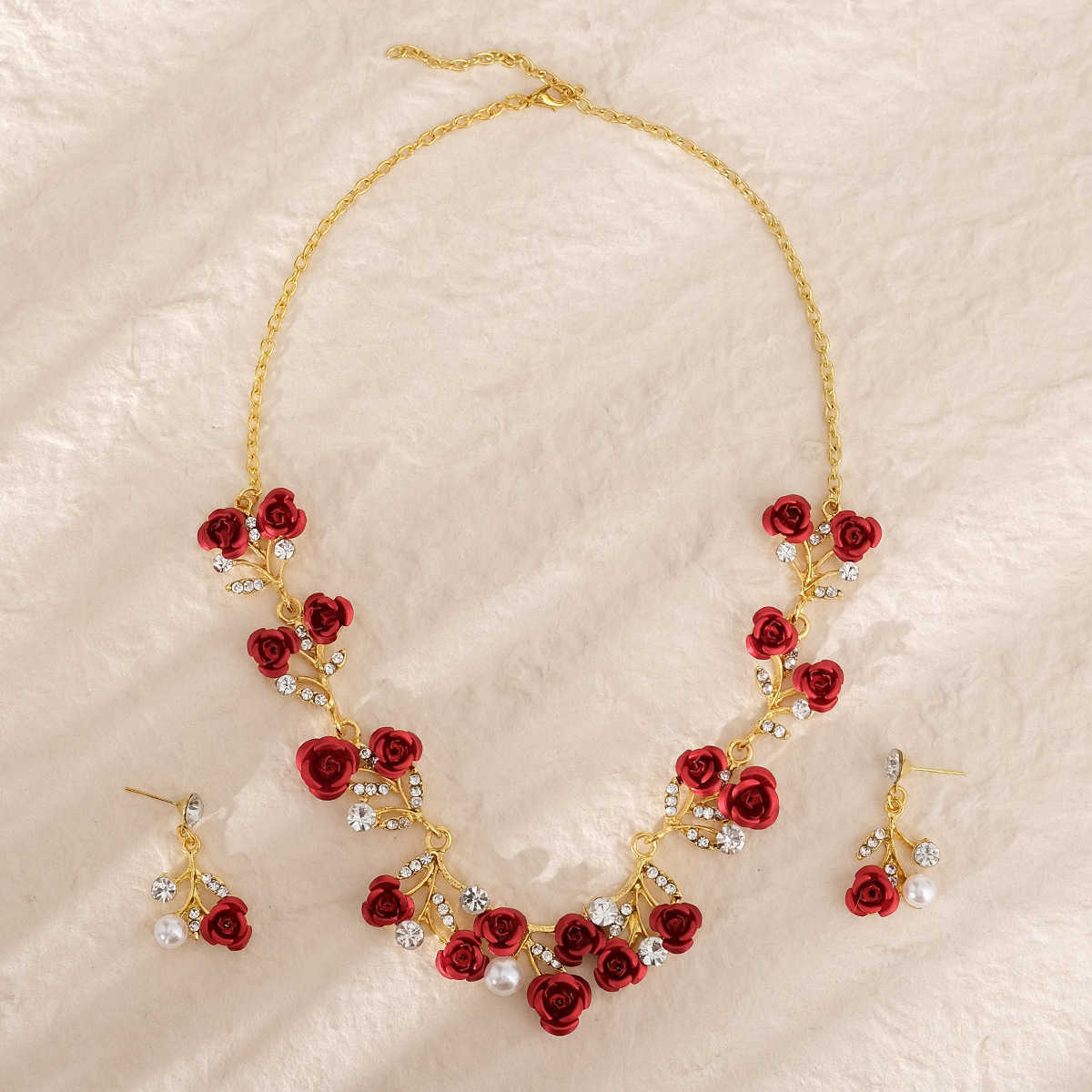 New Childrens Crown Set Bridal Wedding Jewelry Red Rose Necklace Earrings Crown Three Piece Set W250312