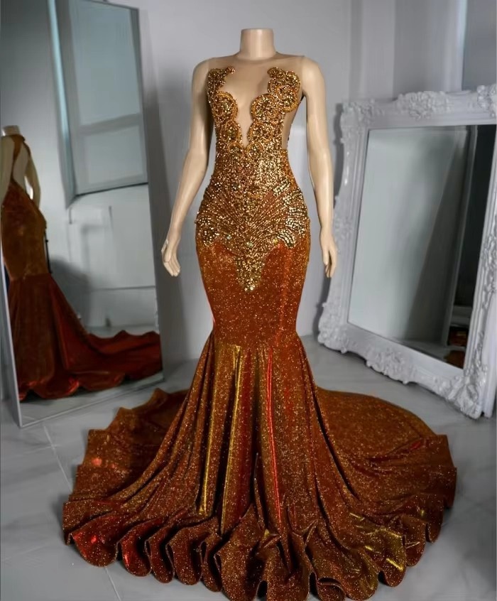Brown Sequins Mermaid Prom Dresses 2025 Sheer Neck Birthday Party Gowns Crystal Rhie vestidos de festas Customized