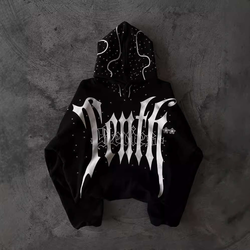 Dark letter printed with gothic style, personalized street Harajuku trend, loose fitting unisex hoodie