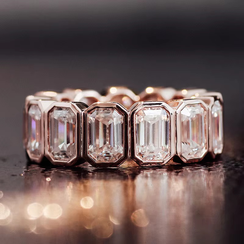 Fashion 4x6mm Emerald Shape DEF Moissanite Ring Full Eternity Band for Engagement Wedding Gift
