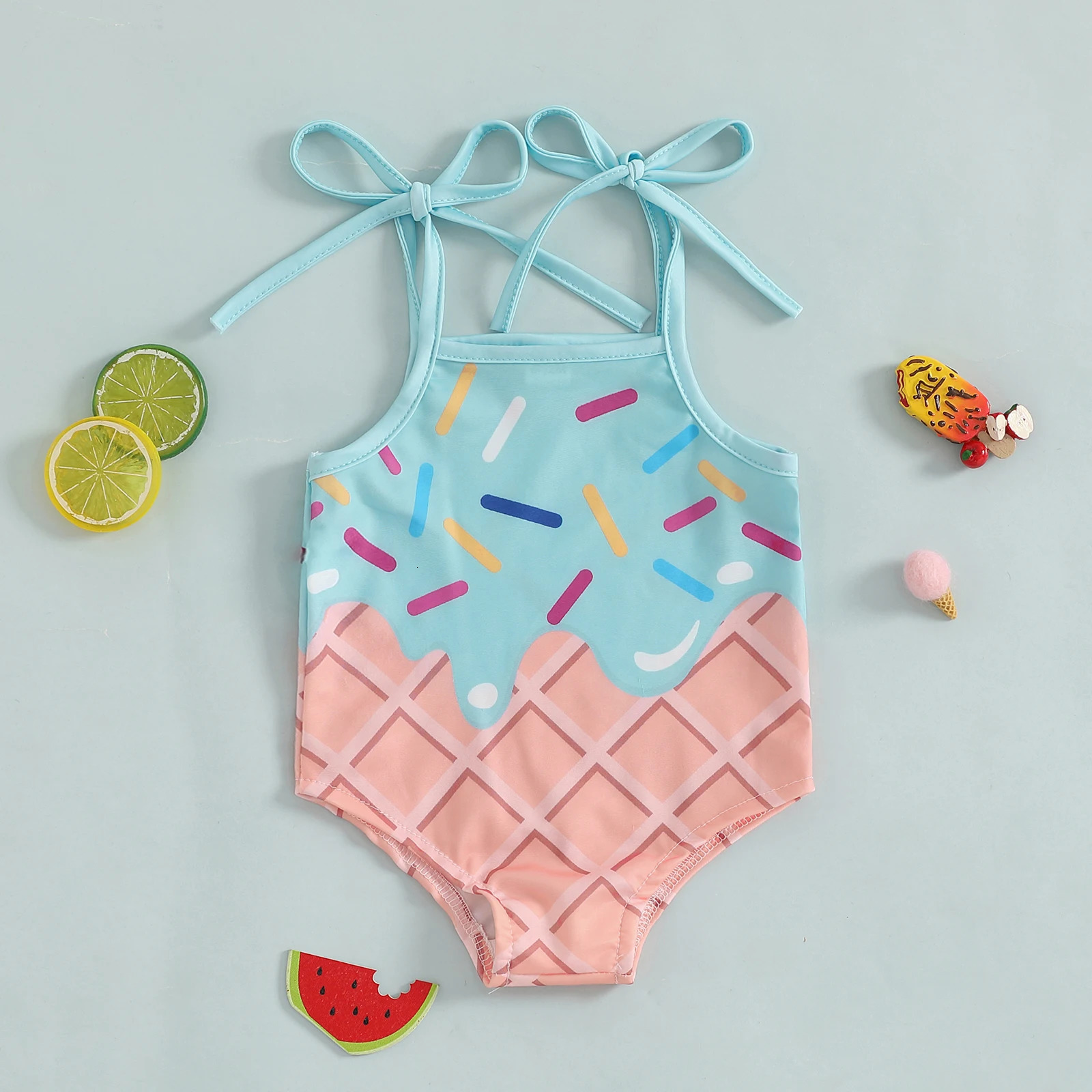 Infant Baby Girls Bikini Ice Cream Print Swimsuit Toddler Cotton Elastic Sleeveless Swimwear Children Summer Beach Swimming Suit 250311