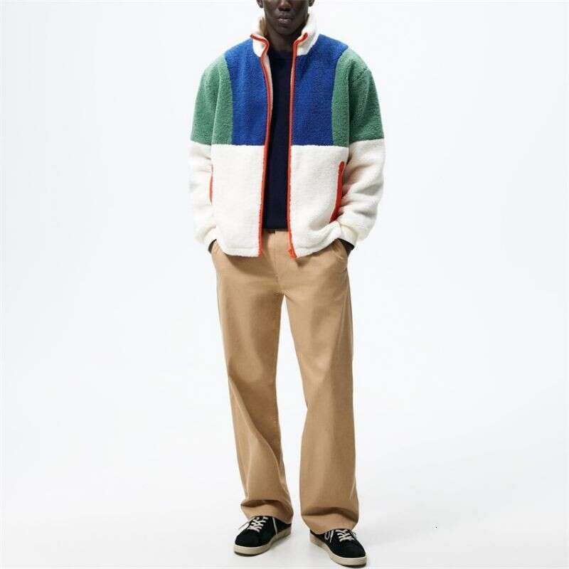 New Fashionable Street Hip-Hop Contrasting Pocket Stand Up Collar Small Particle Lamb Wool Jacket