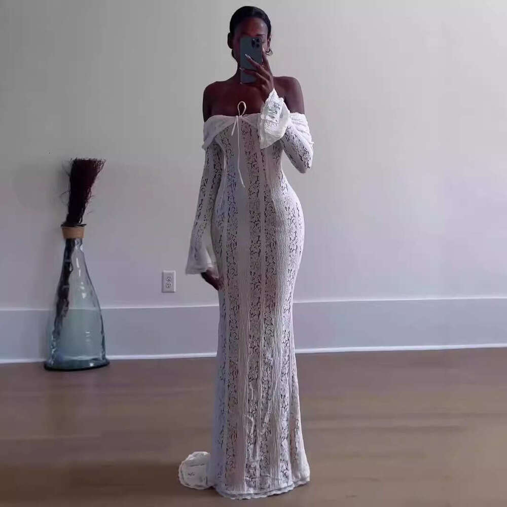 House's Same Fairy And Gentle One Shoulder Lace Dress With French Style Strapless, Waist Cinching, Trailing Long Skirt For Women
