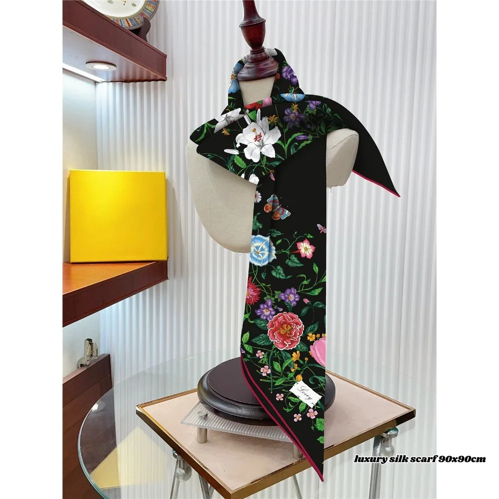 Year Gift French Plant Flower Tulip High Quality Twill Silk Women Shawl Sun Protection Large Square Scarf Decorative Scarf 250310