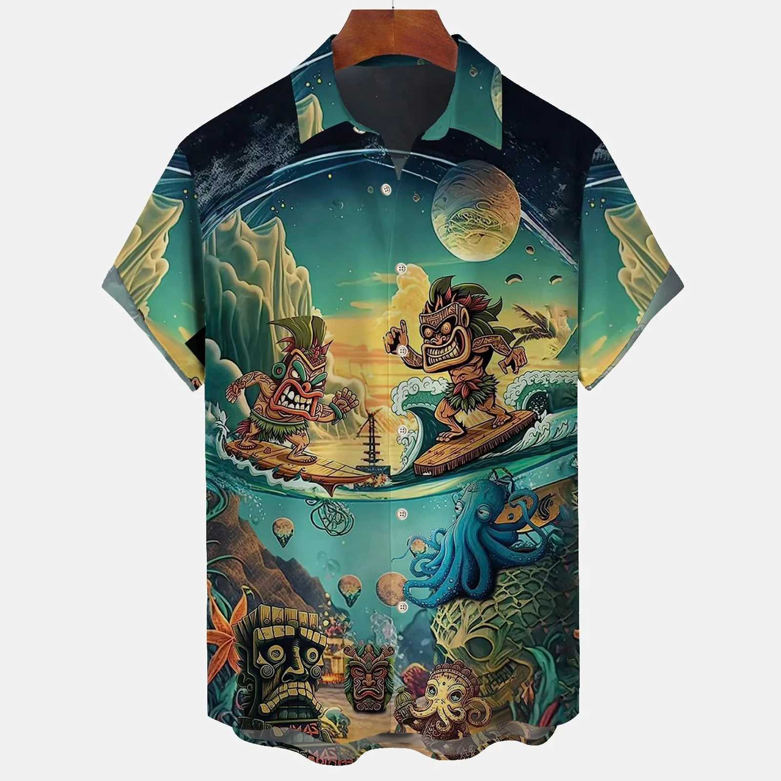 Summer Hawaiian Tiki 3D Print Shirts Men Fashion Shirt Casual Harajuku Vintage Streetwear Short Sleeve Shirt Blouse Man Clothing W250312