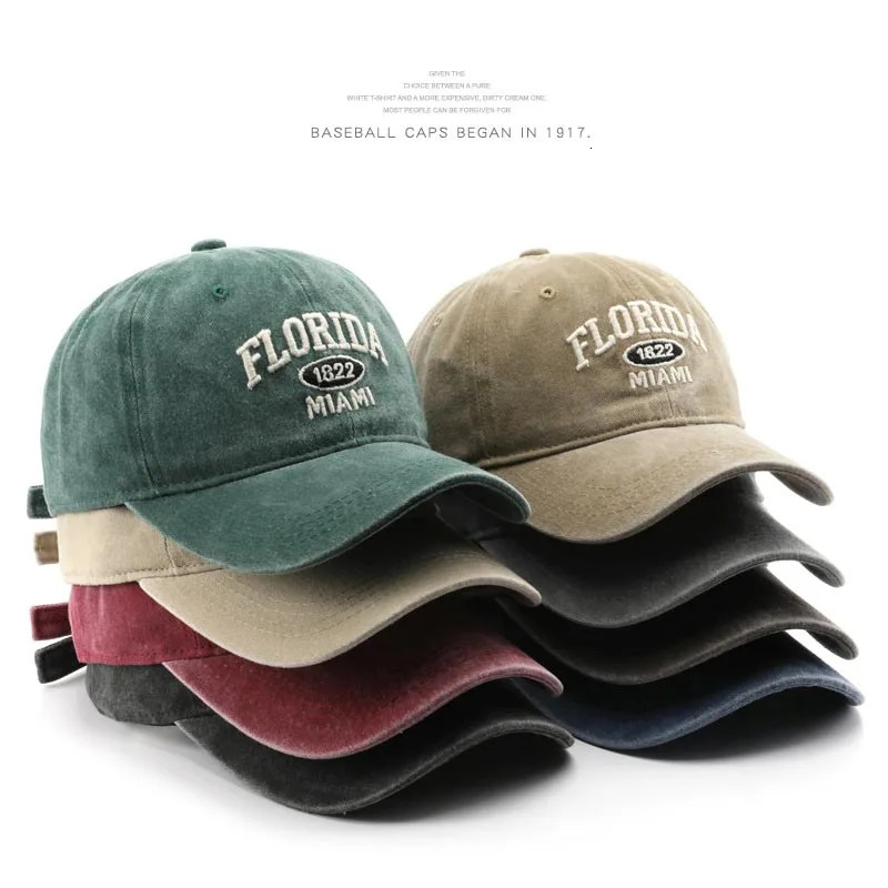 Vintage Washed Cowboy Baseball Cap for Men Women FLORIDA Embroidery Sun Casual Hip Hop Hat Curved Brim Soft Top 250311