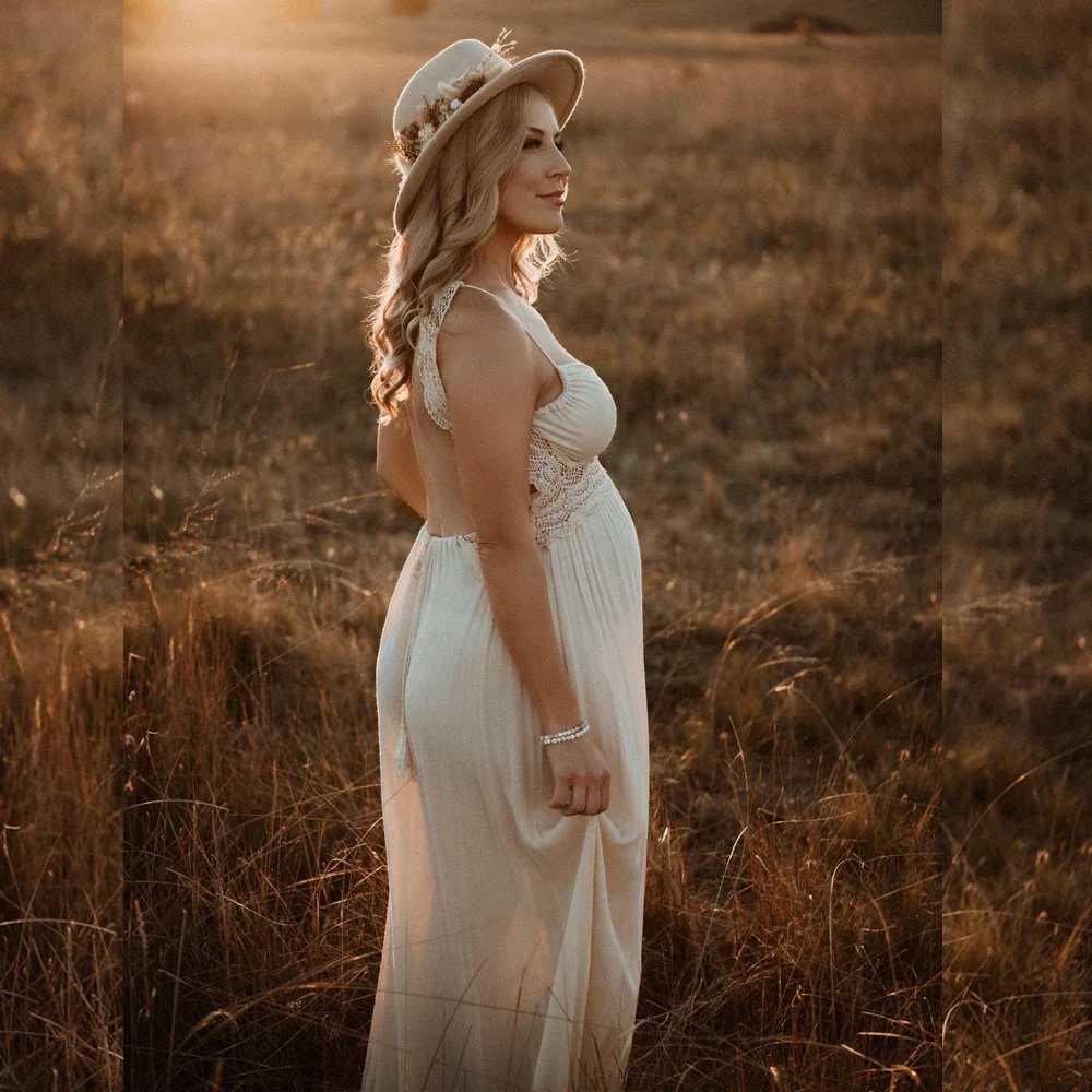 Lace Backless Maternity Dresses for Baby Showers Boho Pregnant Dress V-neck Suspender Bohemian Photo Shooting Pregnancy DressT250311