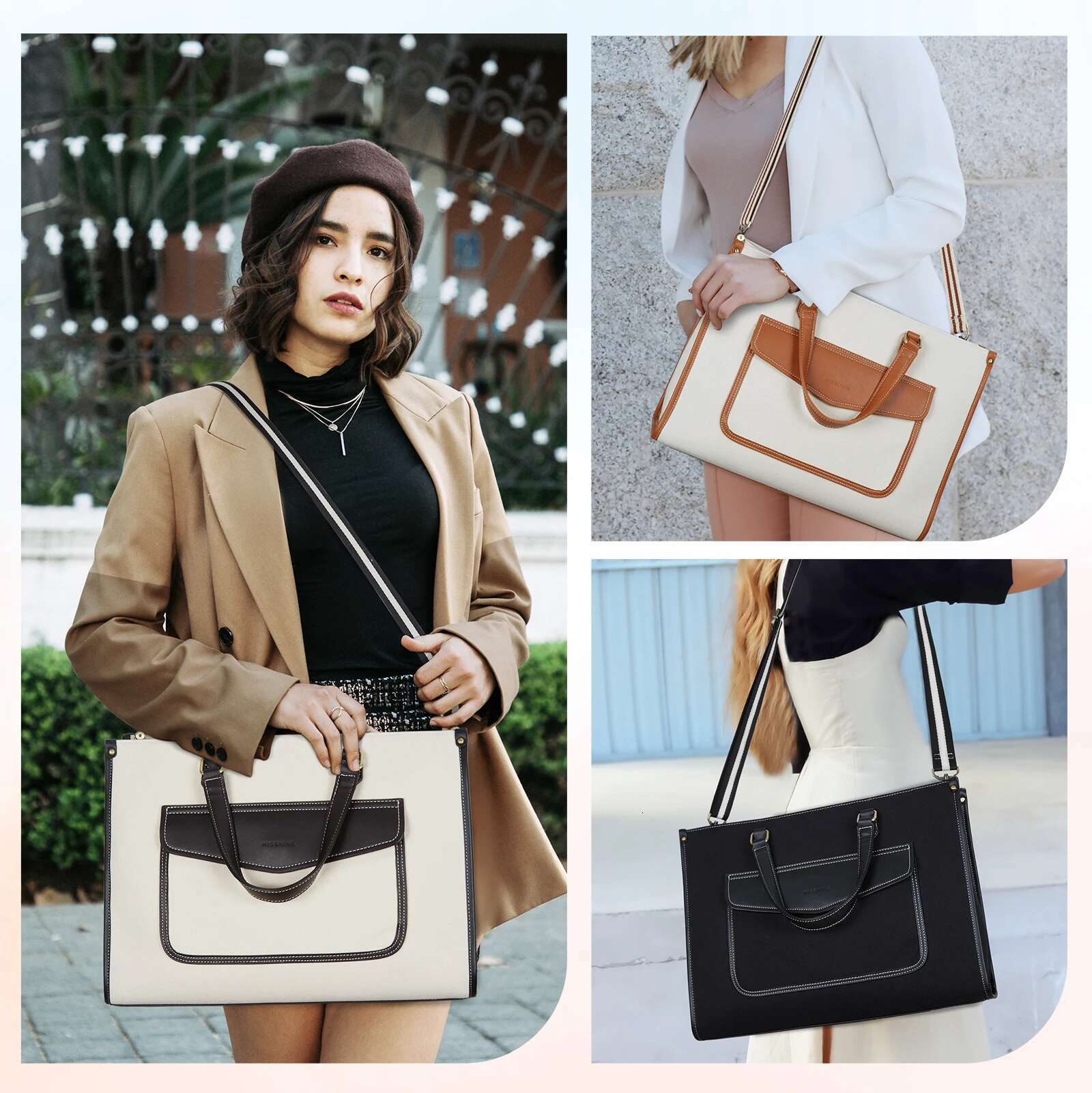 Missnine Women's Briefcase Tote Canvas Laptop 15.6 Inch Casual Work Shoulder ipad Bag Suitable for Travel Office